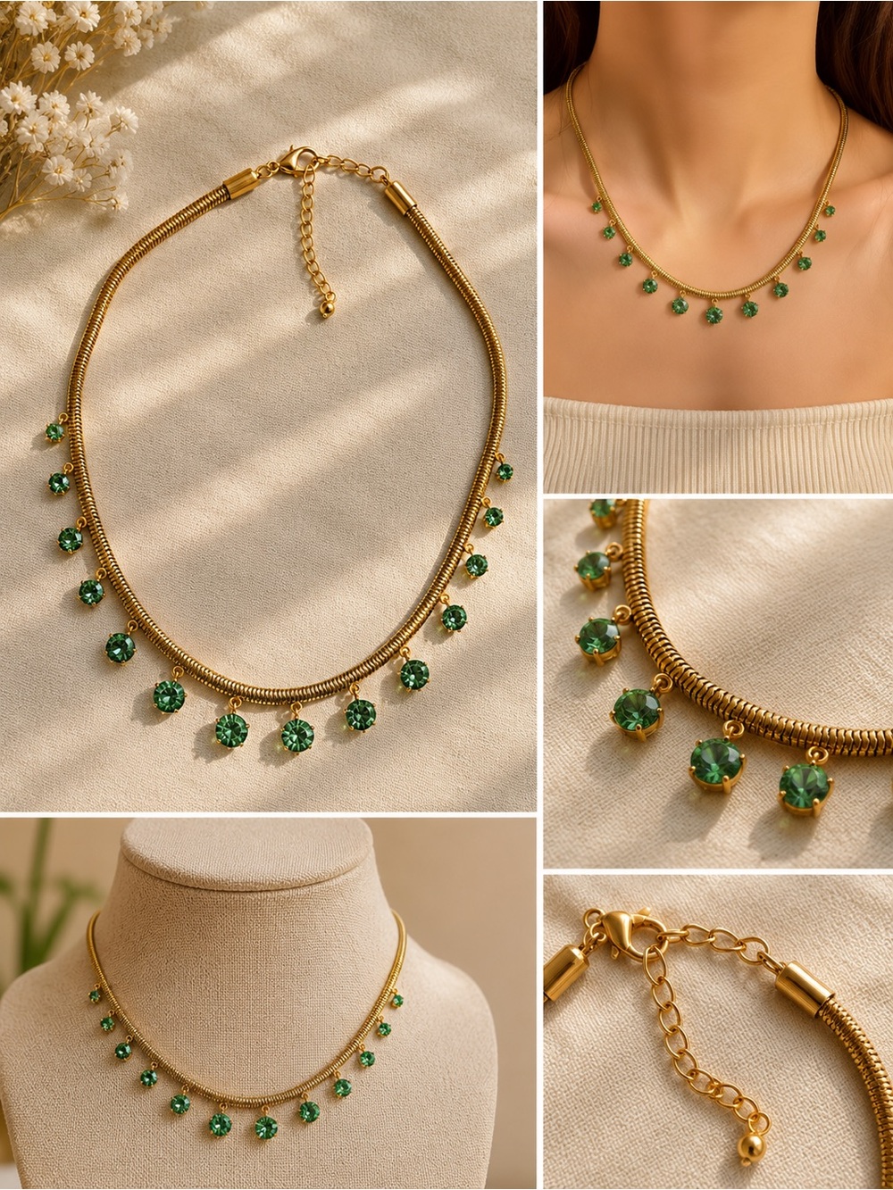 Gold-Tone Necklace with Emerald Green Crystal Drops - Women Jewelry